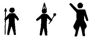 ['Male' with spear, 'Male' with pointy hat and wand, slightly larger 'Male' with jodhpurs doing Nazi salute]
